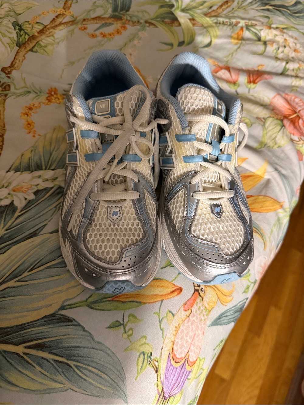 New Balance Kids White, Light Blue and Silver Athletic Sneakers